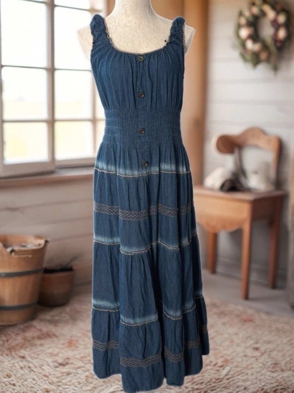 Denim Lapis smocked maxi dress boho tiered cottagecore prairie Country Western L